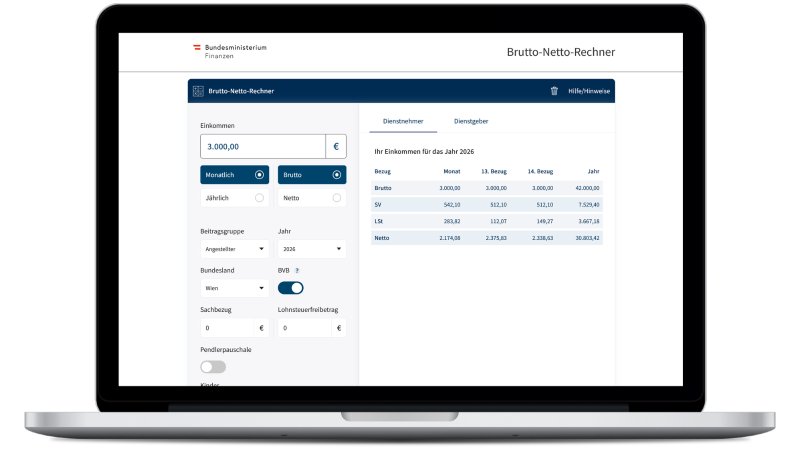 Brutto-Netto-Rechner des Bundesministeriums für Finanzen | © Fotomontage: Rechner.at / bmf.gv.at / Canva